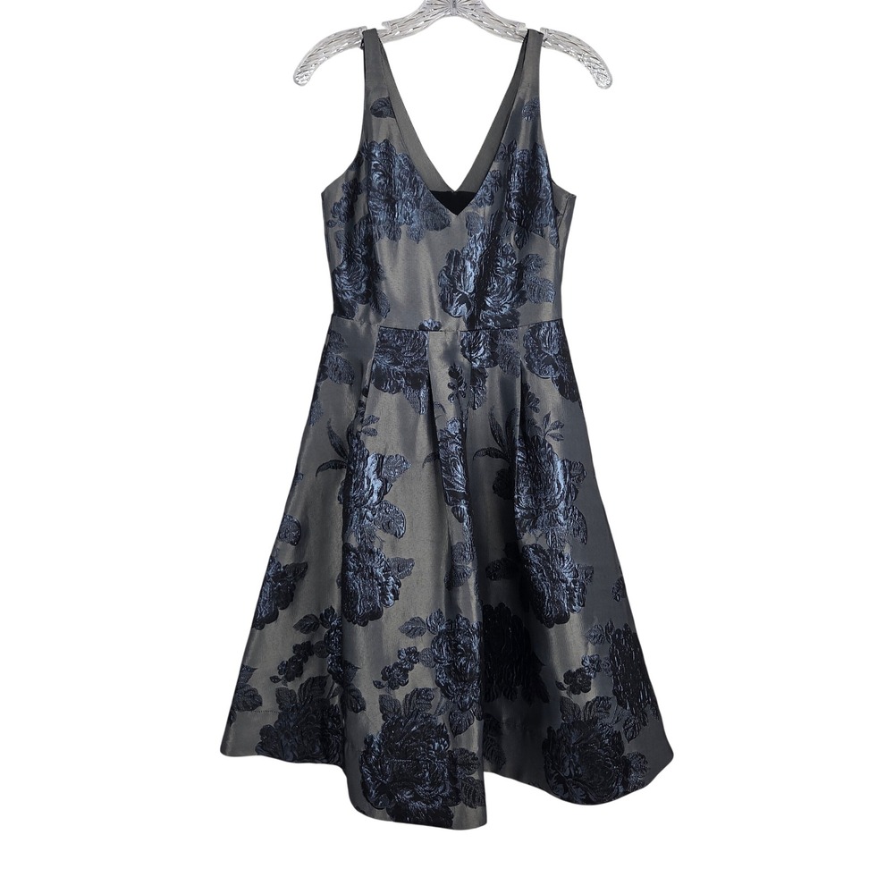 White House Black Market Charcoal and Navy Floral Fit-and-Flare Dress